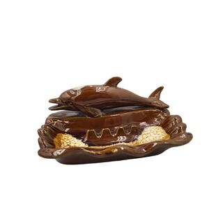 Vintage Sea World Ashtray Brown Ceramic Dolphin Souvenir Sunshine Imports Dish‎